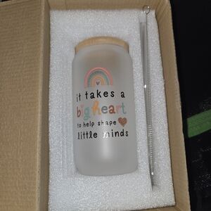 Frosted Glass Tumbler with Straw and Heart Design